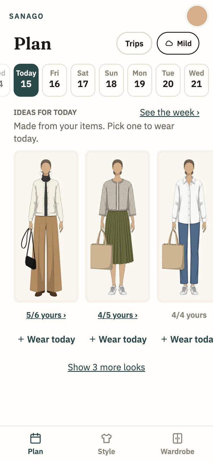 The Plan screen: outfit ideas for today, made from your items